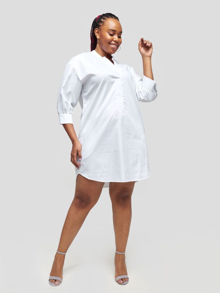  Shirt Dress featuring a high-low silhouette and 3/4 Balloon sleeves with cuffs