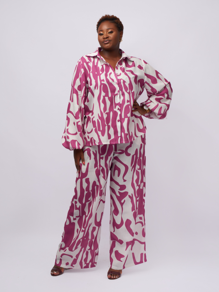 This purple print 2-piece pant set is a head-turning fashion statement.