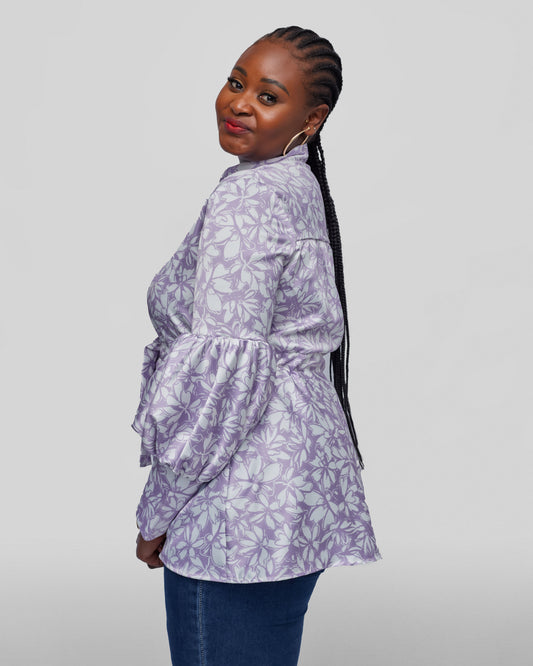 Ela Long Sleeve Top - Lavender & White Print