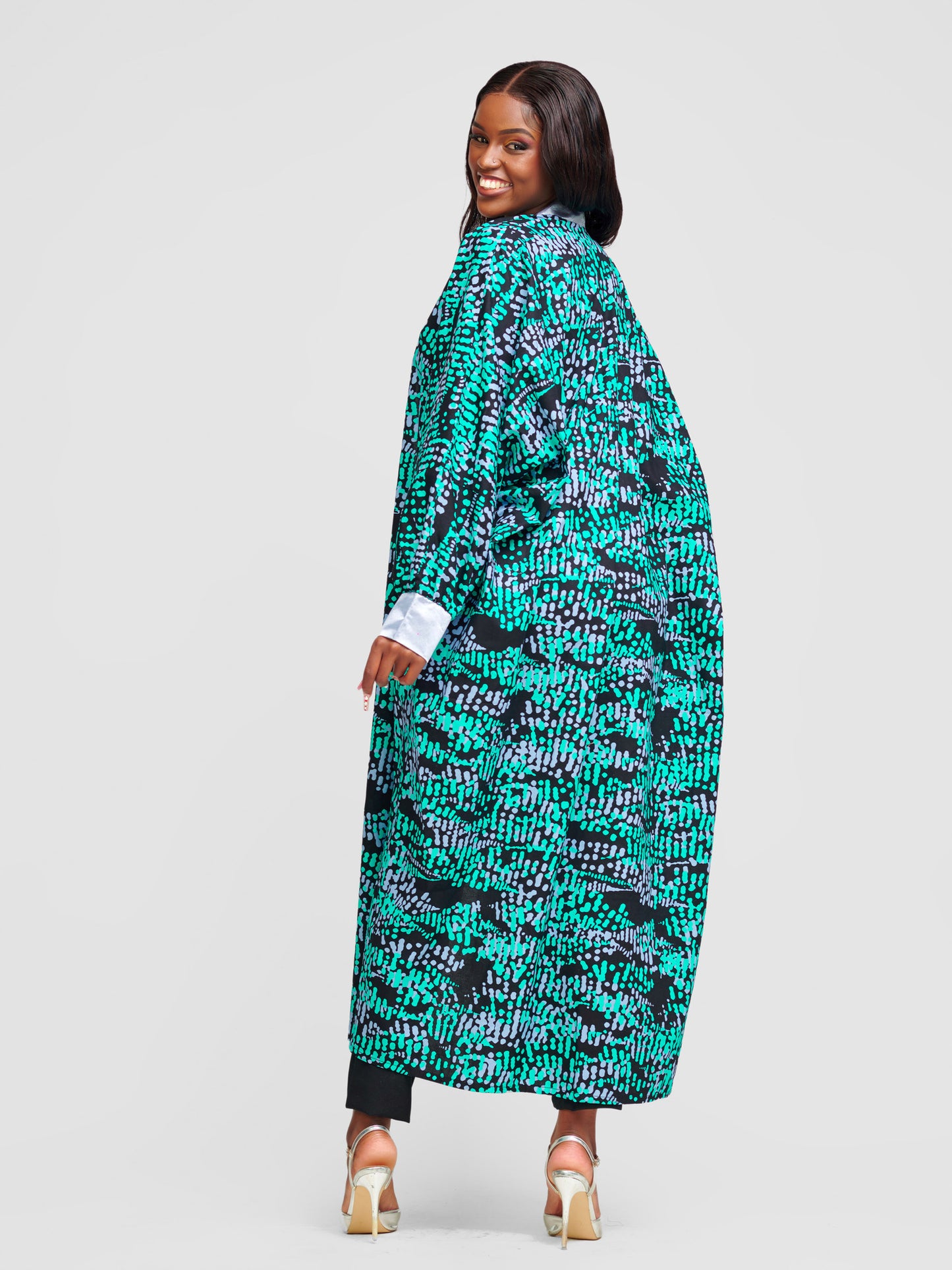 Halima Ankara Balloon Sleeve Ankle Length Kimono - Green With Silver Button Strand