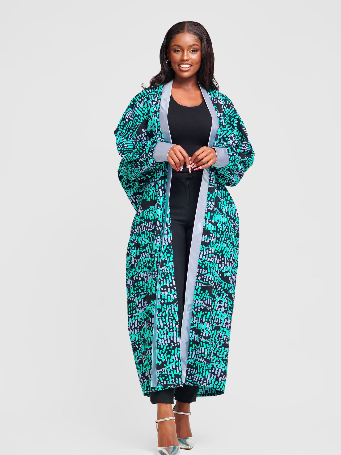 Halima Ankara Balloon Sleeve Ankle Length Kimono - Green With Silver Button Strand