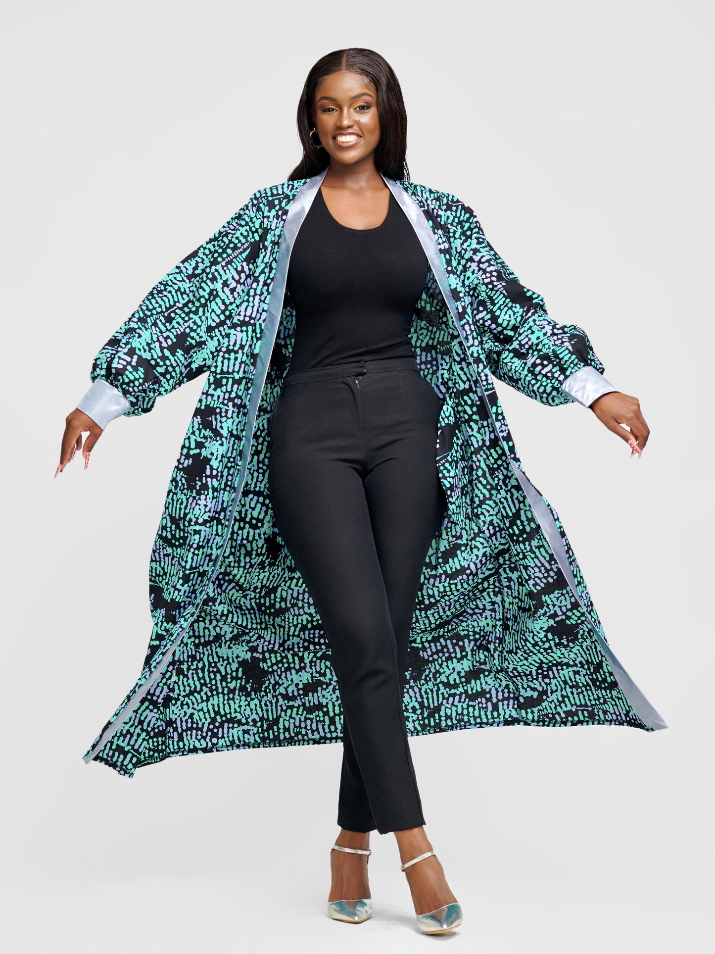 Halima Ankara Balloon Sleeve Ankle Length Kimono - Green With Silver Button Strand