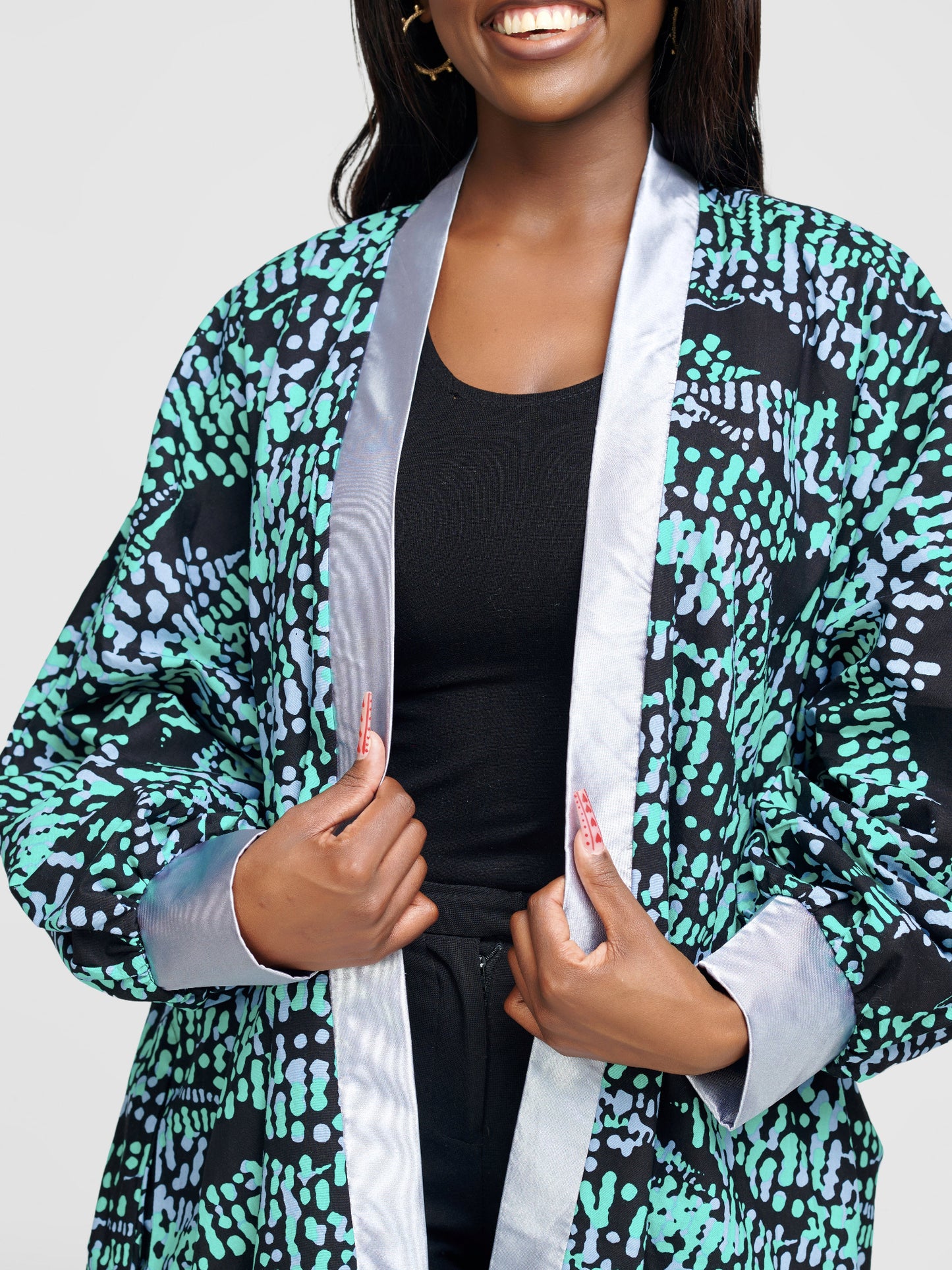 Halima Ankara Balloon Sleeve Ankle Length Kimono - Green With Silver Button Strand