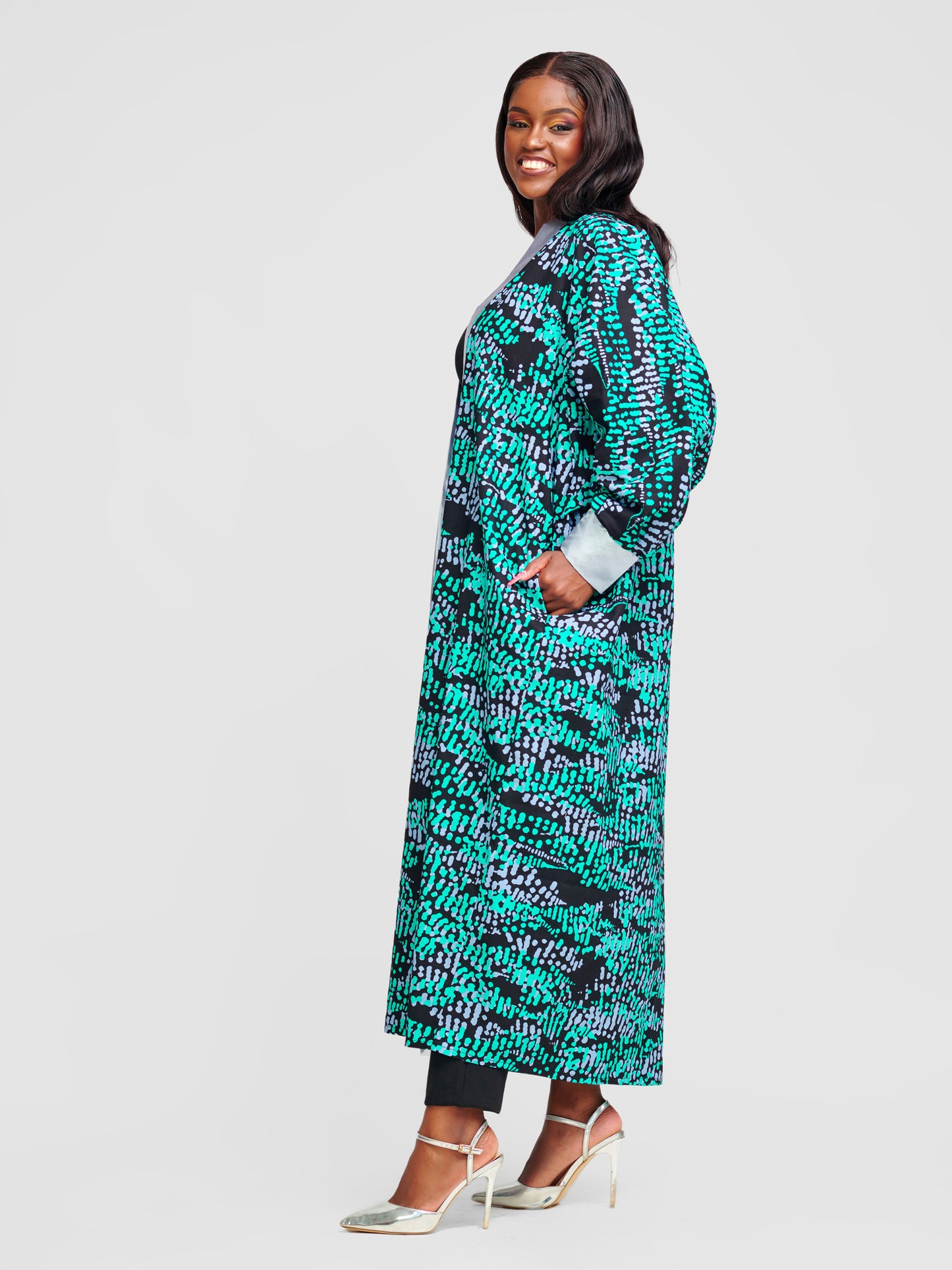 Halima Ankara Balloon Sleeve Ankle Length Kimono - Green With Silver Button Strand