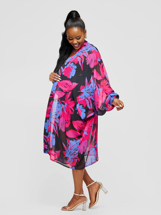 Halima Balloon Sleeve Knee Length Kimono - Blue & Purple