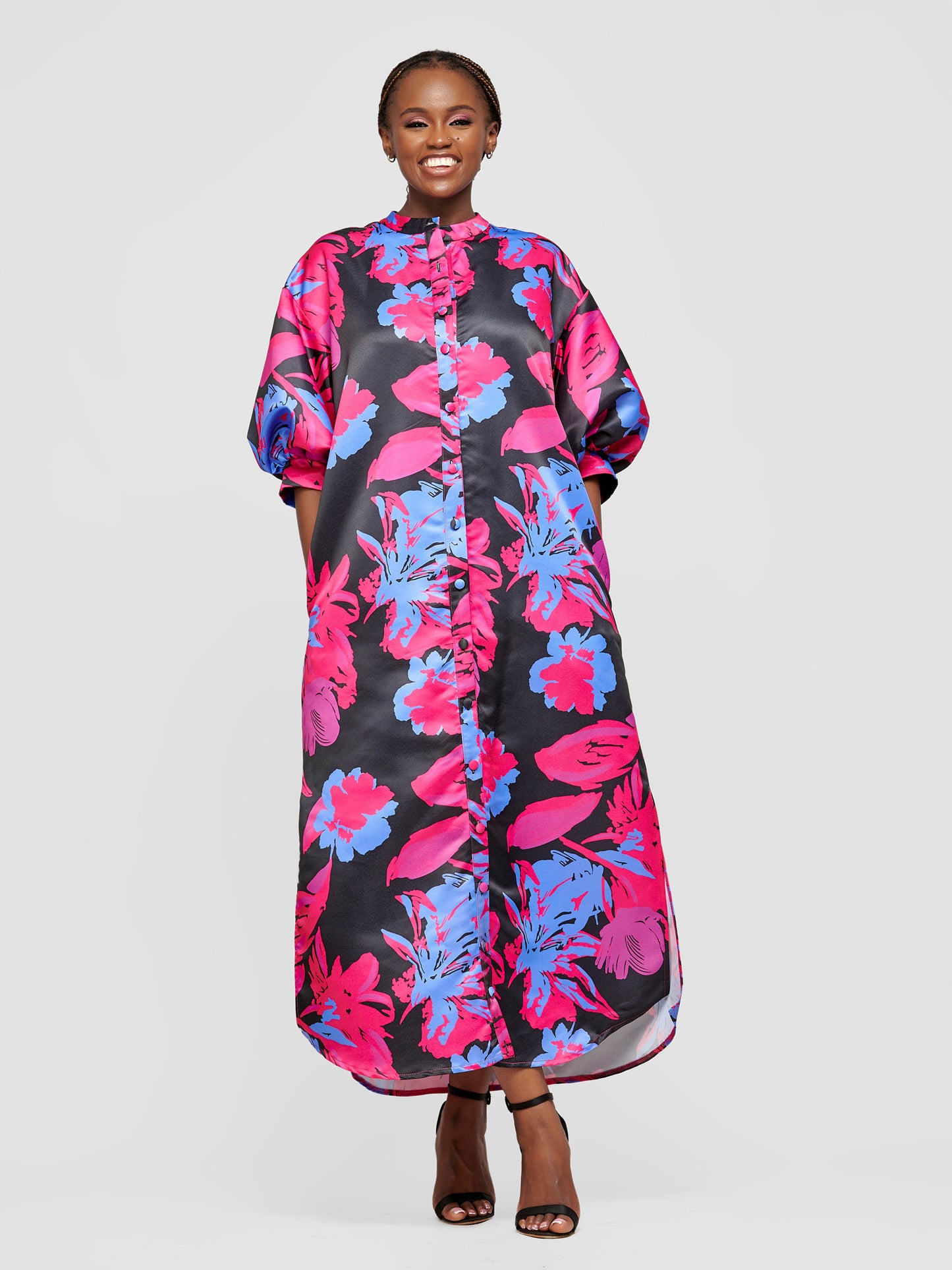 Isabel Maxi Shirt Dress - Blue & Pink Print