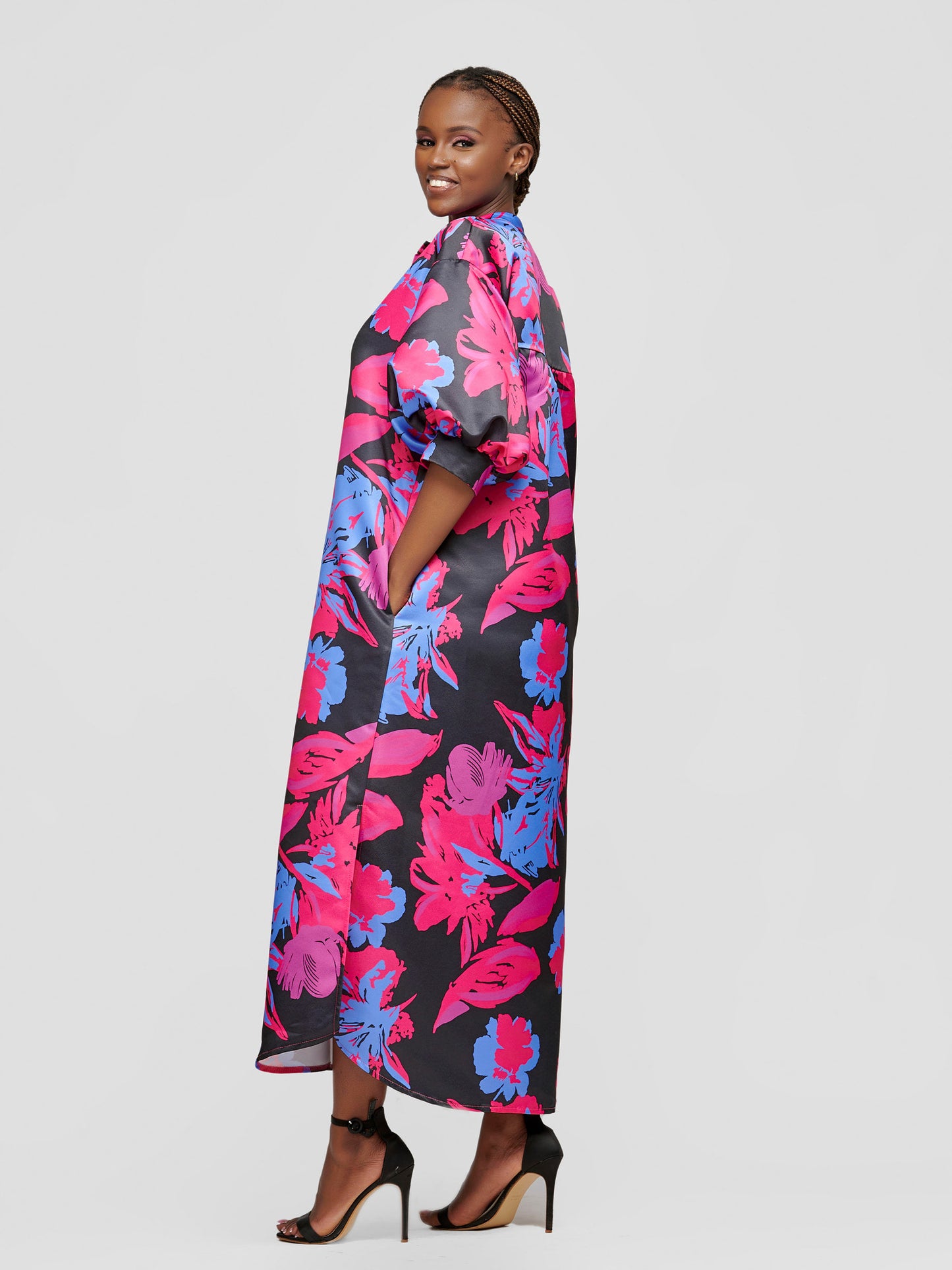 Isabel Maxi Shirt Dress - Blue & Pink Print