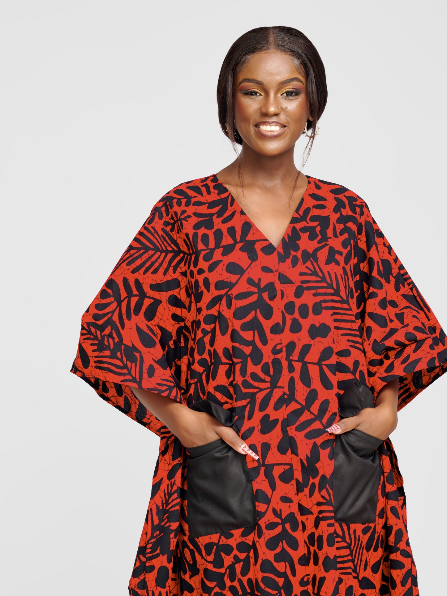 Jamilah Ankara Kaftan - Black & Red With Black Pockets