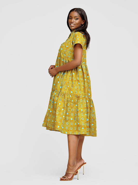 Kiara Tiered Ankara Baby Doll Dress - Mustard & Blue Print