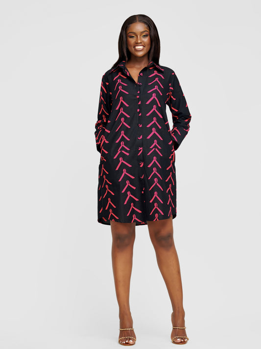 Nandi Ankara Shirt Dress - Black & Pink Print