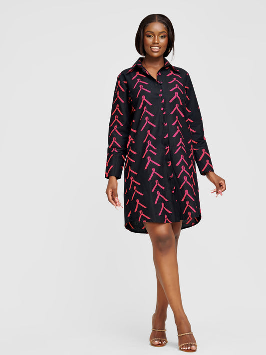 Nandi Ankara Shirt Dress - Black & Pink Print