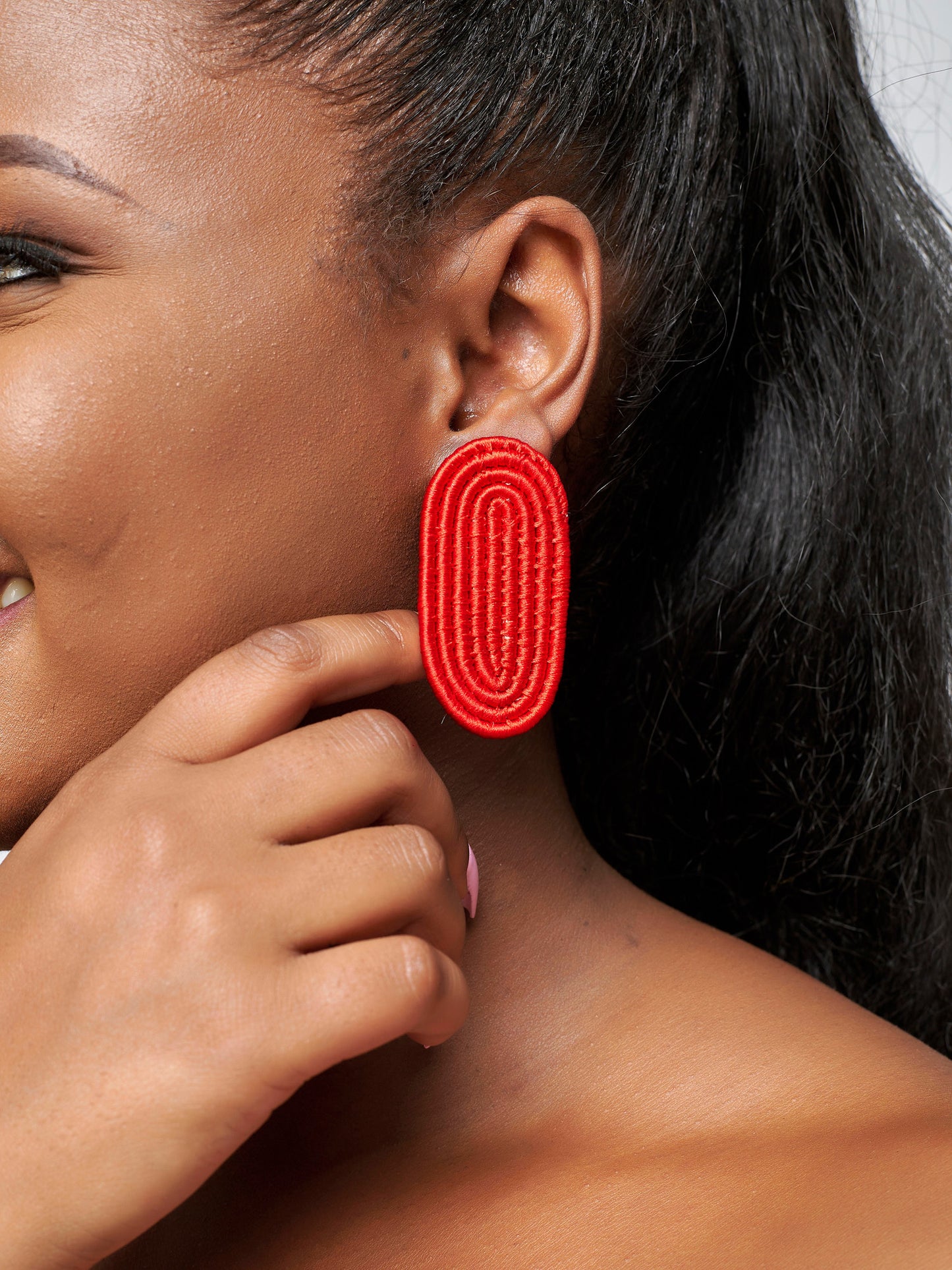 Naoki Oval  Stud Earrings - Red