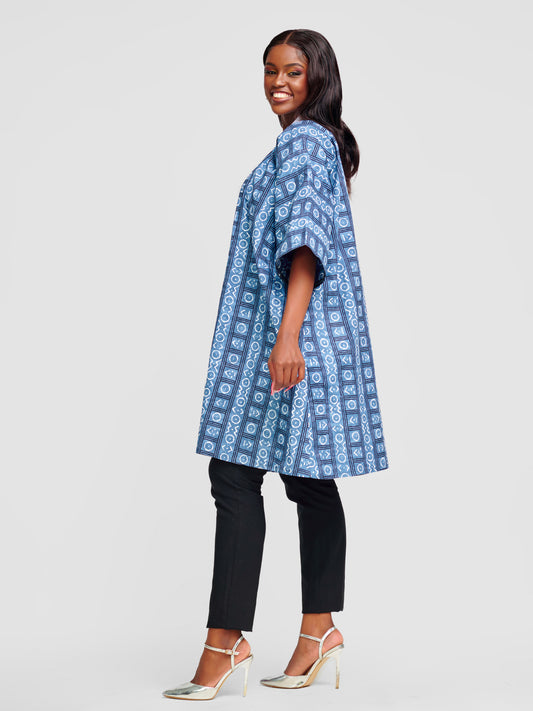 Nkatha Ankara Kimono - Grey Print With White Button Strand